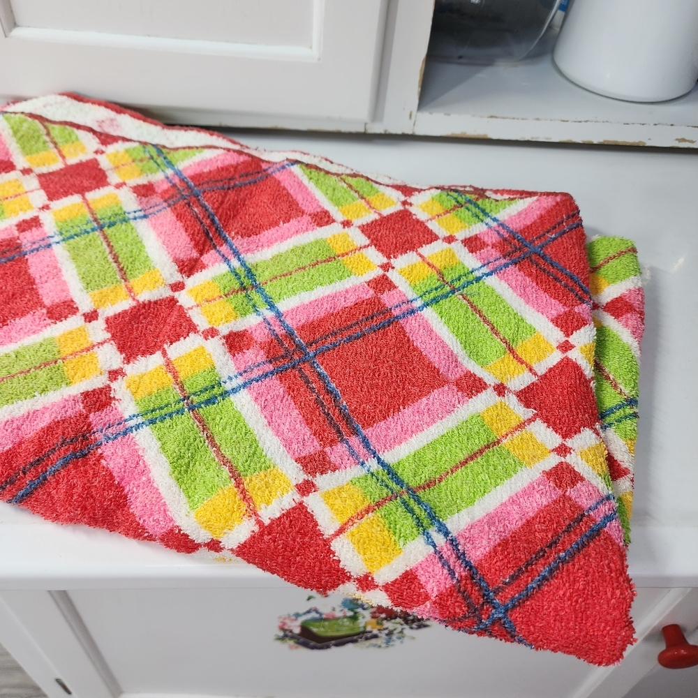 VINTAGE Terry Cloth Plaid Sewing Crafting Fabric Retro Colors 43" x 33"